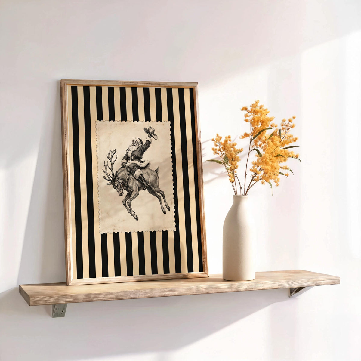 Cowboy Santa Rodeo Wall Art, Vintage Striped Western Christmas Print, Old Fashioned Post Stamp Santa Claus Decor, Holiday Season Sketch