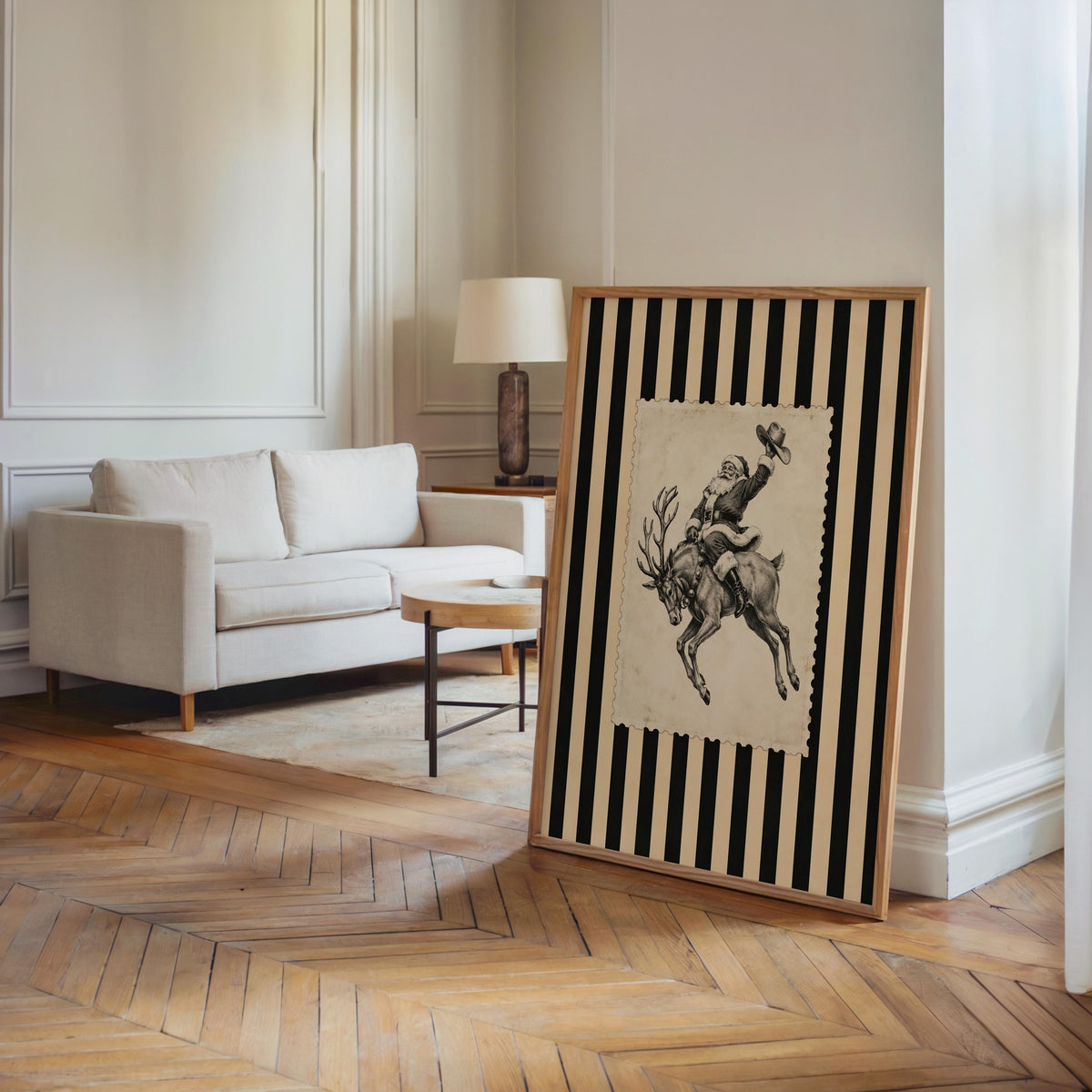 Cowboy Santa Rodeo Wall Art, Vintage Striped Western Christmas Print, Old Fashioned Post Stamp Santa Claus Decor, Holiday Season Sketch