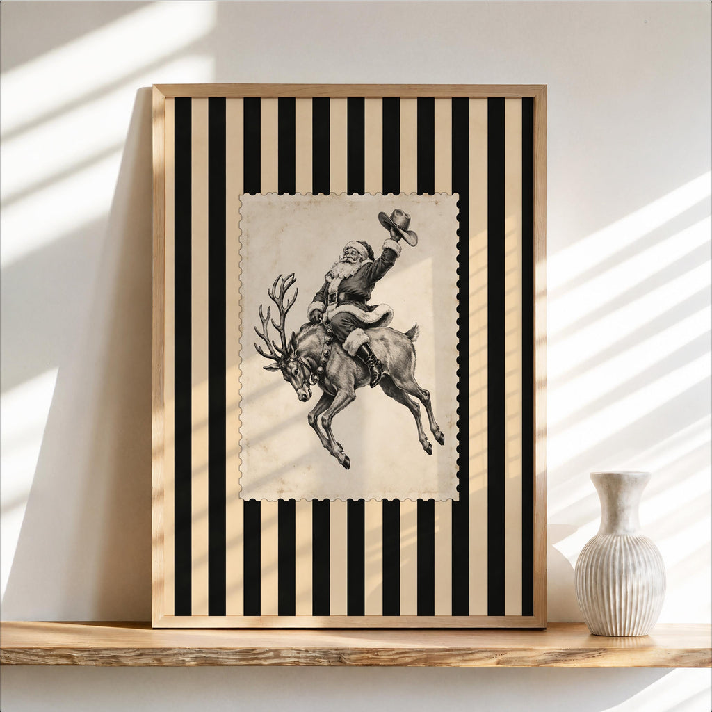 Cowboy Santa Rodeo Wall Art, Vintage Striped Western Christmas Print, Old Fashioned Post Stamp Santa Claus Decor, Holiday Season Sketch