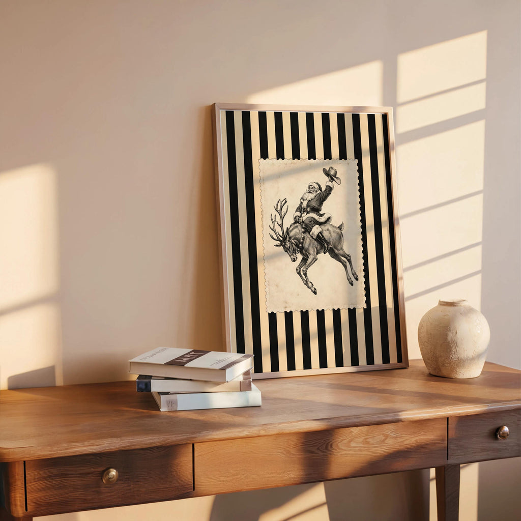 Cowboy Santa Rodeo Wall Art, Vintage Striped Western Christmas Print, Old Fashioned Post Stamp Santa Claus Decor, Holiday Season Sketch