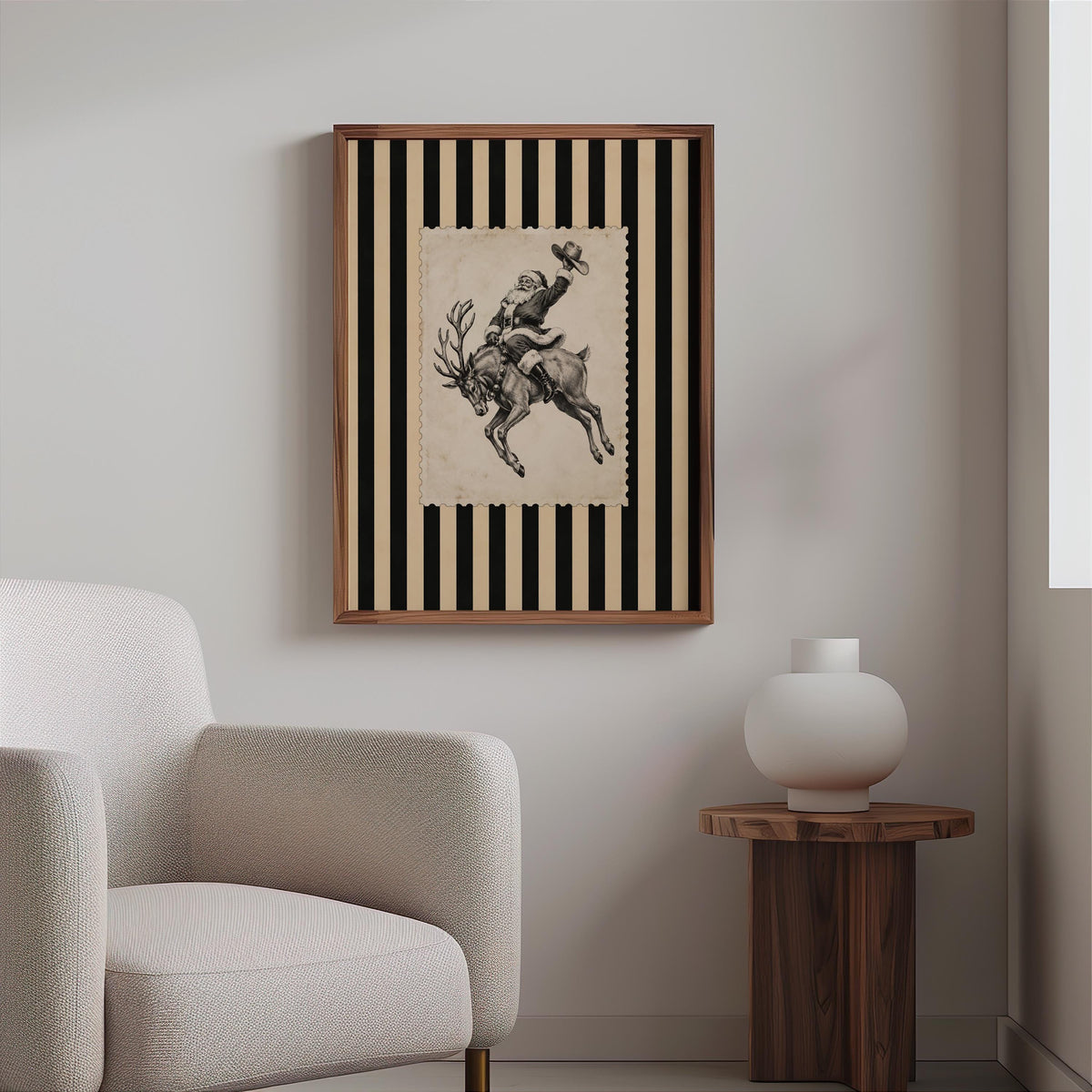 Cowboy Santa Rodeo Wall Art, Vintage Striped Western Christmas Print, Old Fashioned Post Stamp Santa Claus Decor, Holiday Season Sketch
