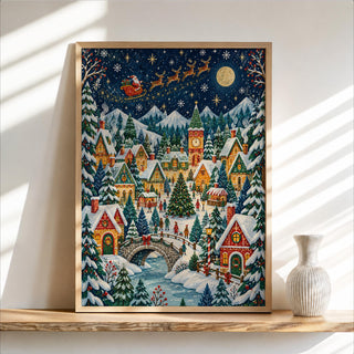 Christmas Village Clock Tower & Santa Sleigh Print