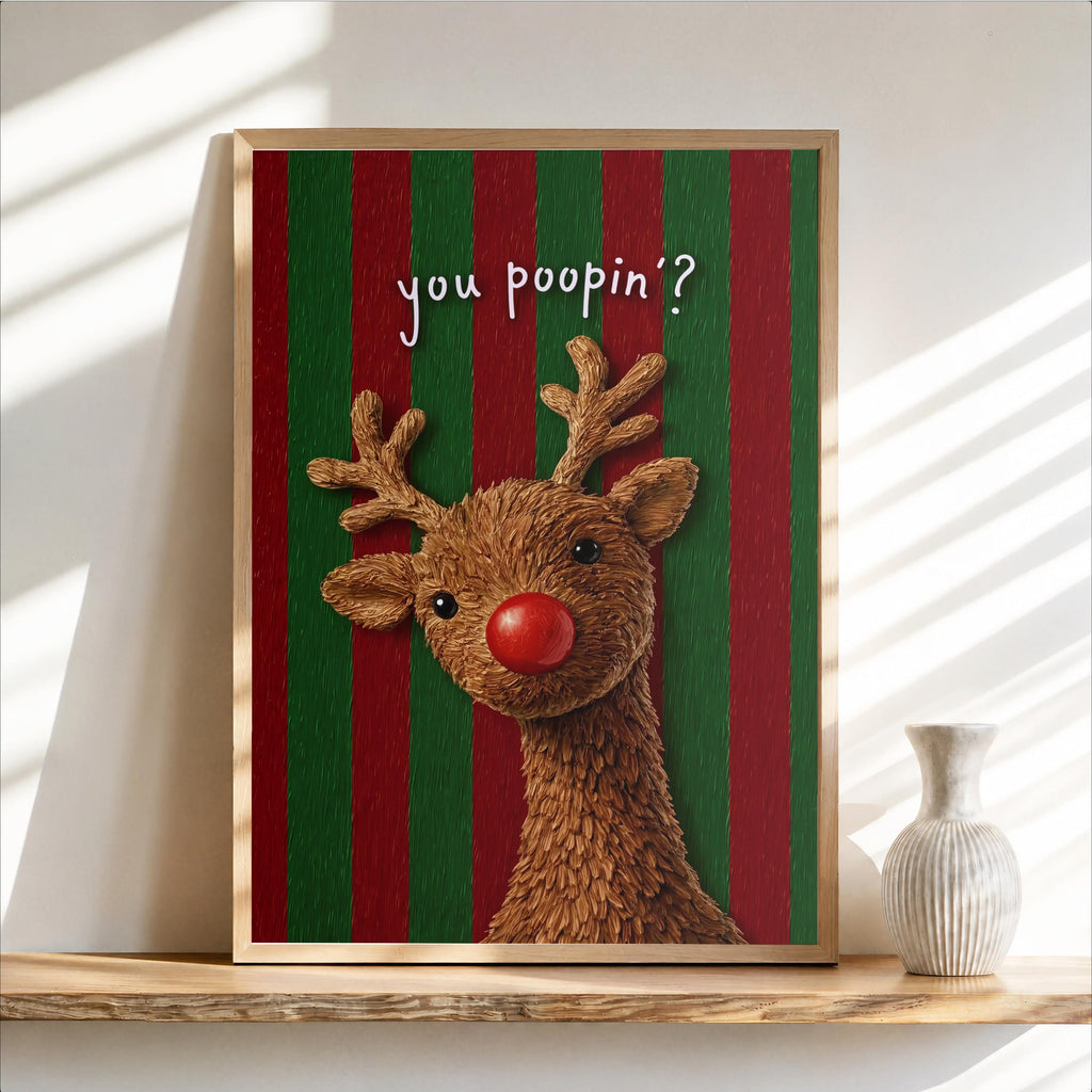 Framed striped red and green funny Christmas bathroom art, glitter Rudolph with bright red nose, 'you poopin?'