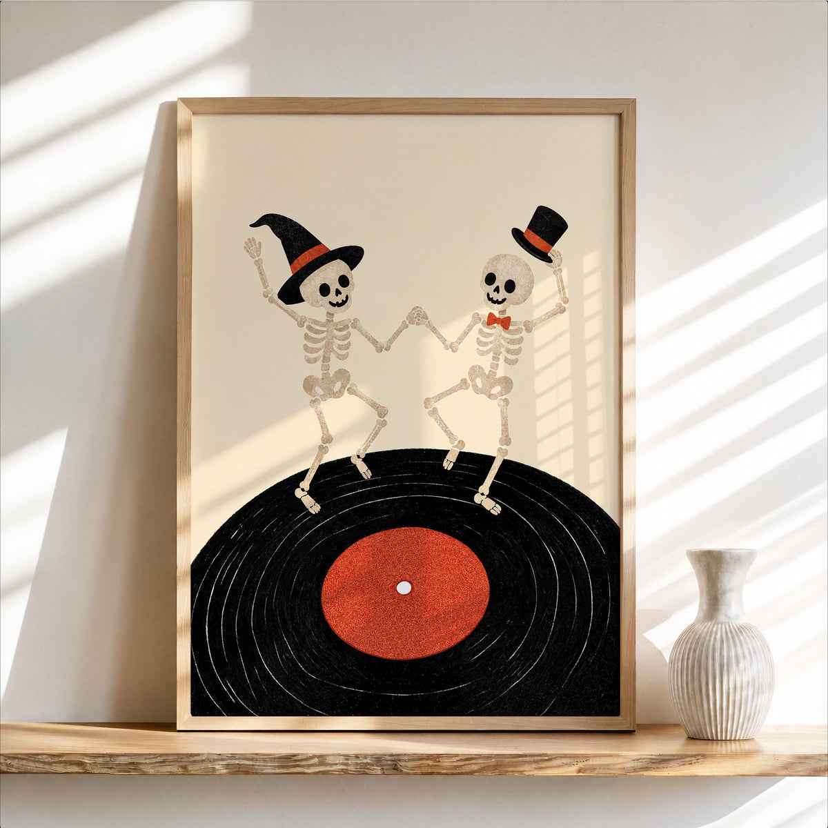 Dancing Skeleton Vinyl Record Wall Art, Retro Halloween Music Print, Spooky Party Poster, Gothic Home Decor, Music Lover Gift, Vinyl Gift