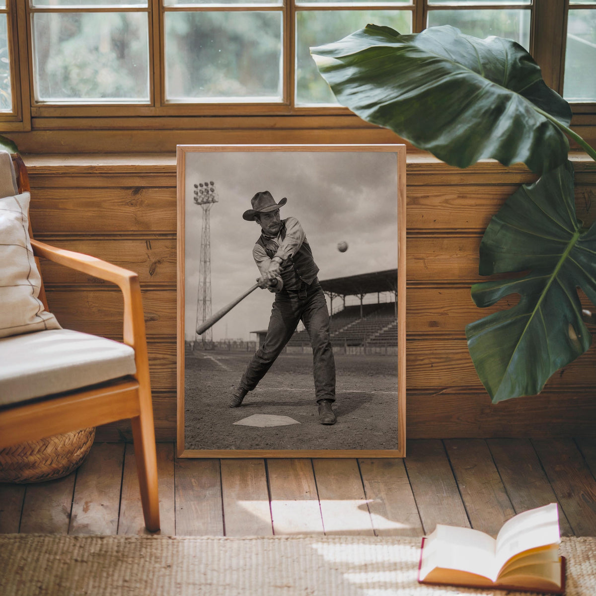 Cowboy Baseball Wall Art, Surreal Vintage Sports Photography, Western Americana Print, Funny Baseball Gift, Boys Room Decor