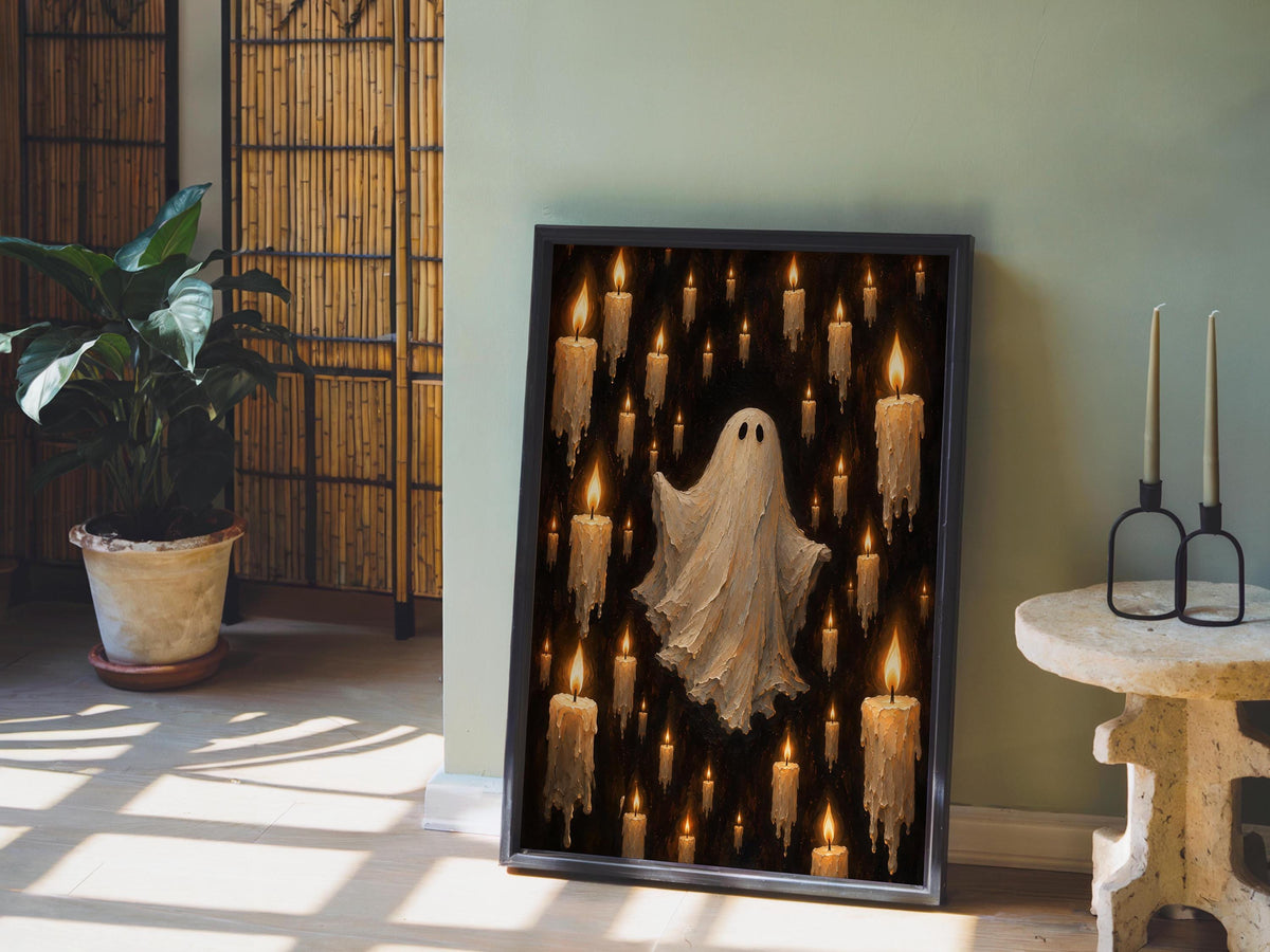 Halloween Ghost & Candles Print, Gothic Wall Decor, Haunted Candle Poster, Spooky Vintage Halloween Art, Dark Home Decoration