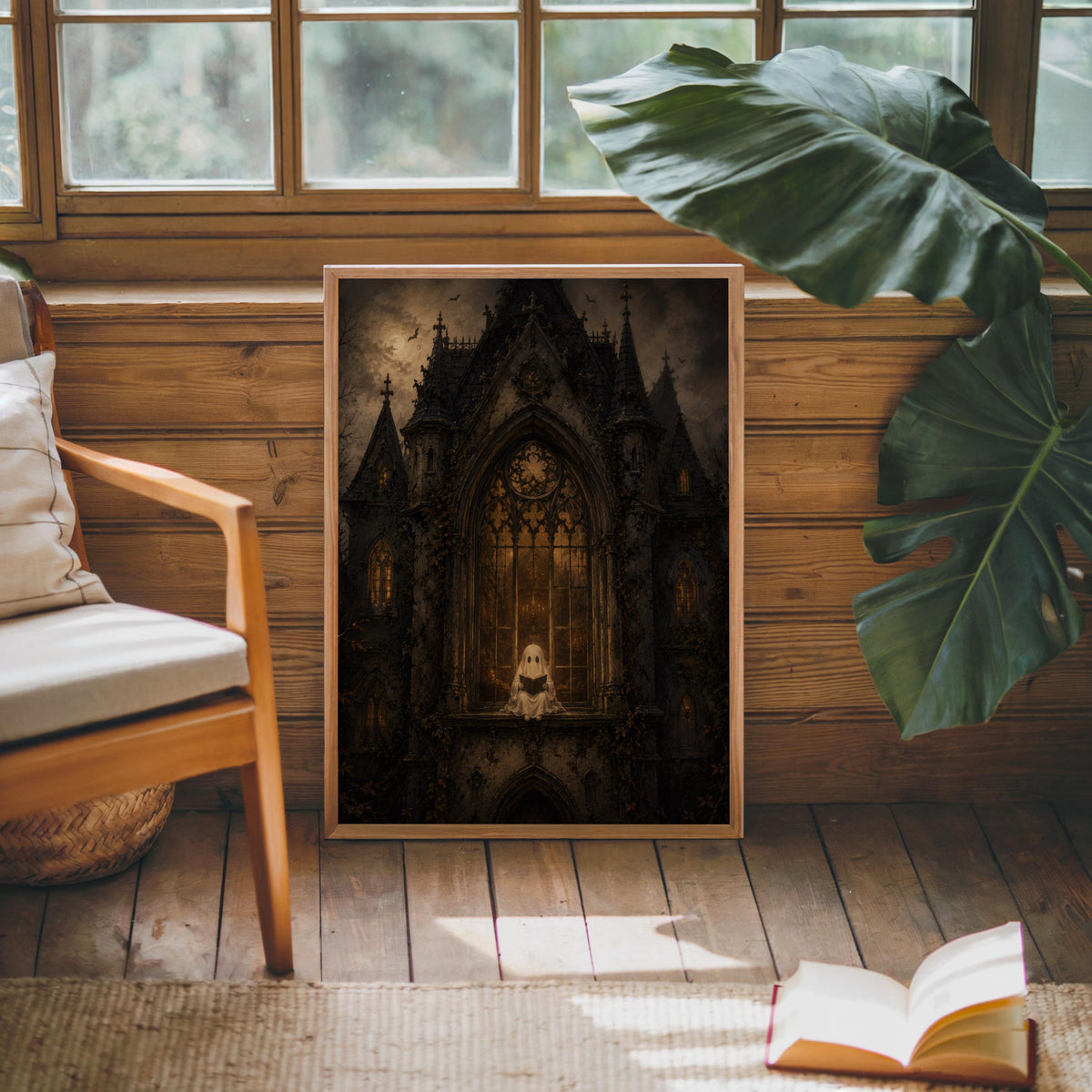 Gothic haunted house wall art propped near cozy chair and open book, bookish Halloween decor and cute ghost detail