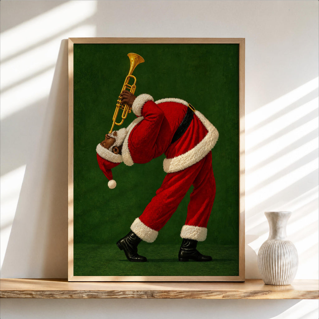 Black Santa Playing Trumpet Print, Funny Christmas Wall Art, African American Holiday Poster, Retro Afrocentric Jazz Music Decor, Music