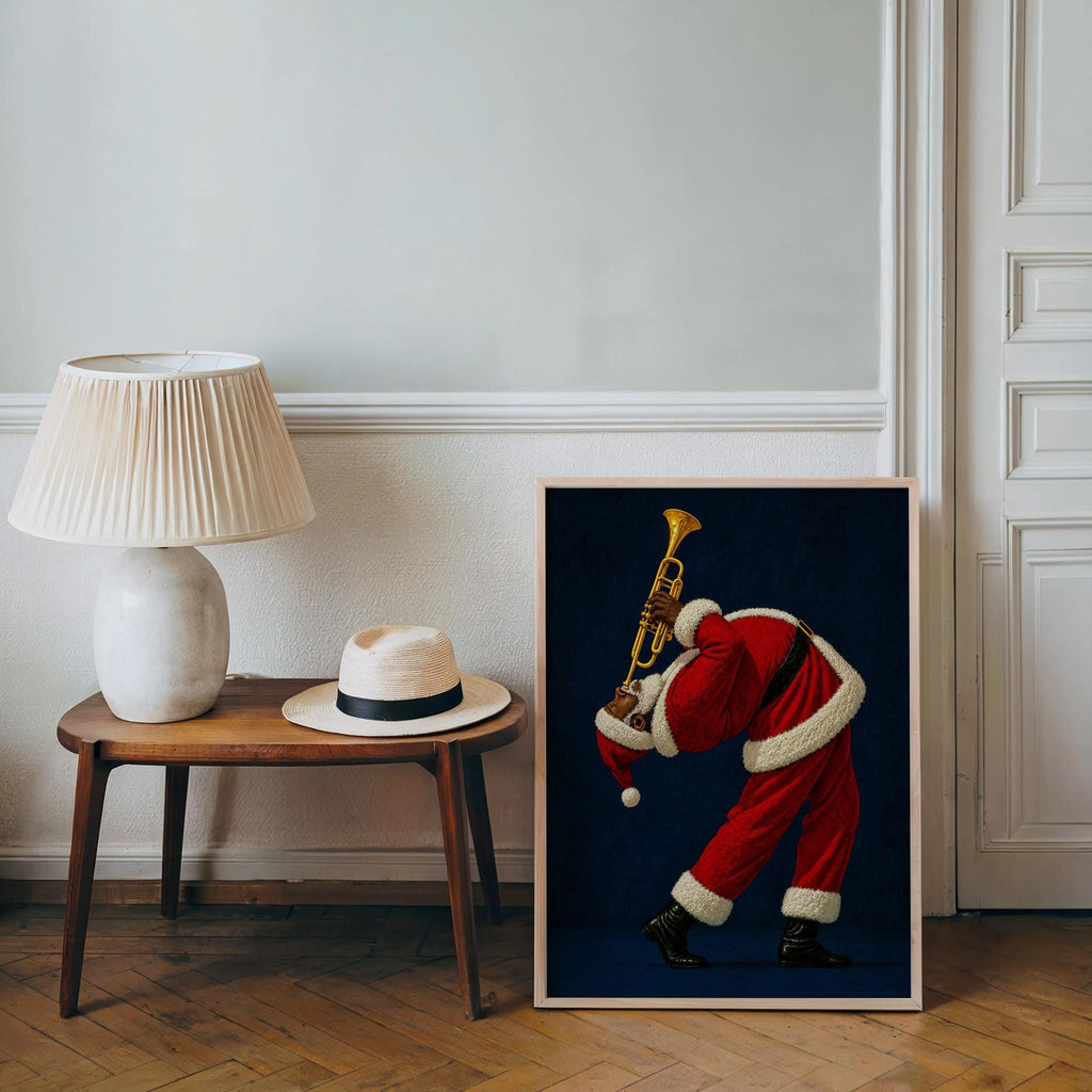Black Santa Playing Trumpet Print, Funny Christmas Wall Art, African American Holiday Poster, Retro Afrocentric Jazz Music Decor, Music