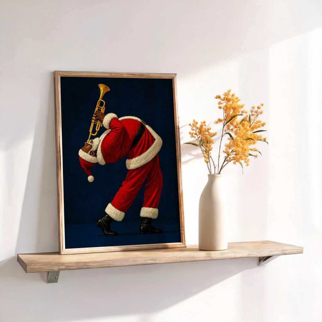 Black Santa Playing Trumpet Print, Funny Christmas Wall Art, African American Holiday Poster, Retro Afrocentric Jazz Music Decor, Music