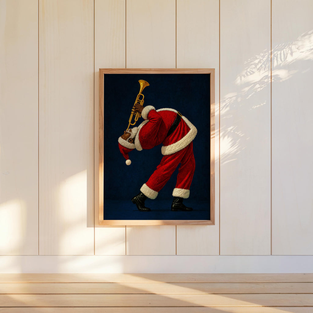 Black Santa Playing Trumpet Print, Funny Christmas Wall Art, African American Holiday Poster, Retro Afrocentric Jazz Music Decor, Music