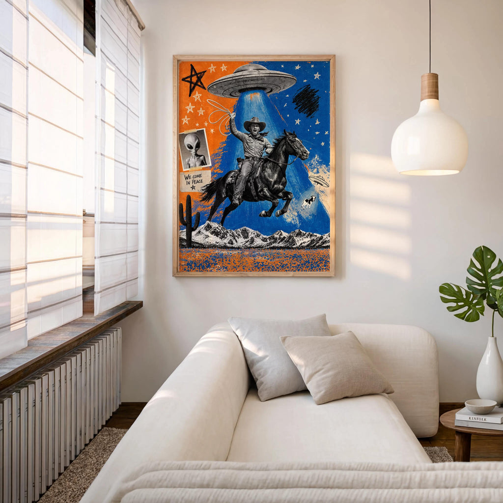 Cowboy Pop Art, Alien Abduction Wall Art, Western UFO Poster, Funny Eclectic Illustration, Vintage Americana Print, Graphic Rodeo Decor