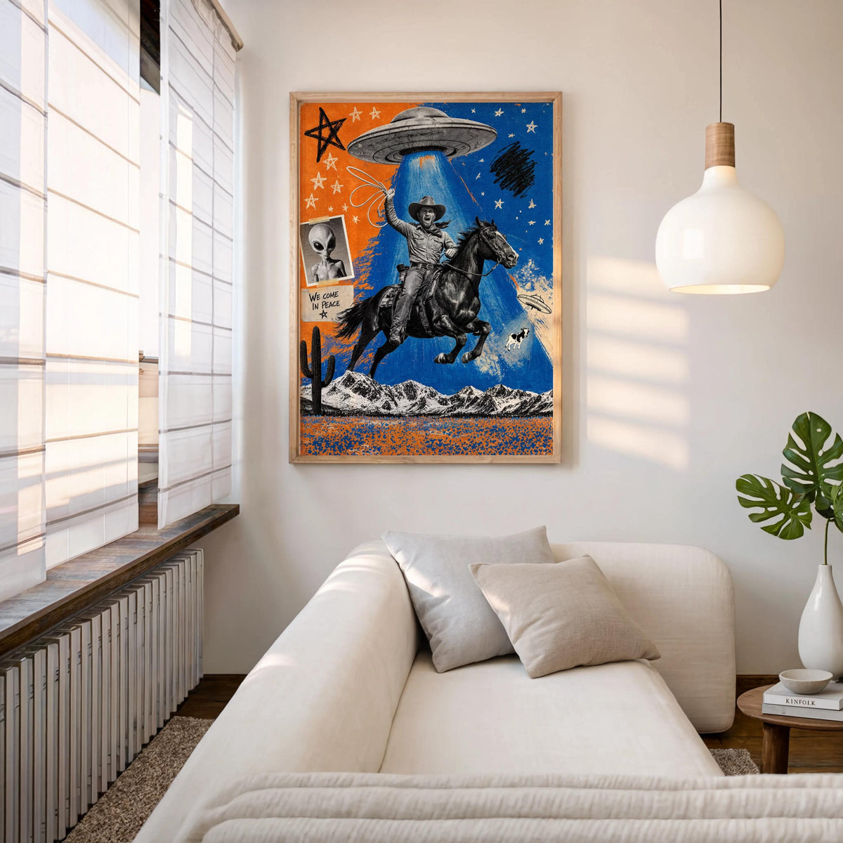Cowboy Pop Art, Alien Abduction Wall Art, Western UFO Poster, Funny Eclectic Illustration, Vintage Americana Print, Graphic Rodeo Decor