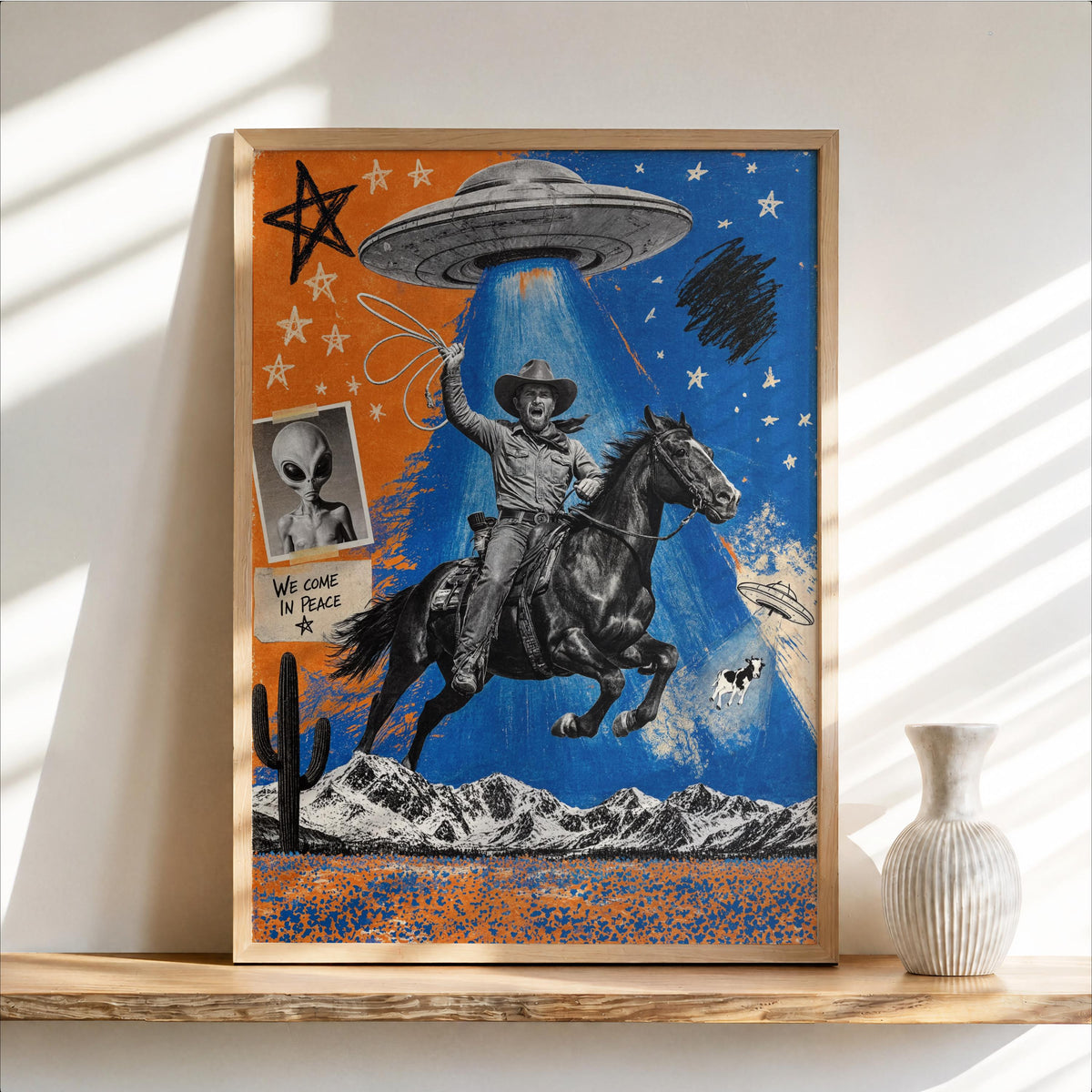 Cowboy Pop Art, Alien Abduction Wall Art, Western UFO Poster, Funny Eclectic Illustration, Vintage Americana Print, Graphic Rodeo Decor