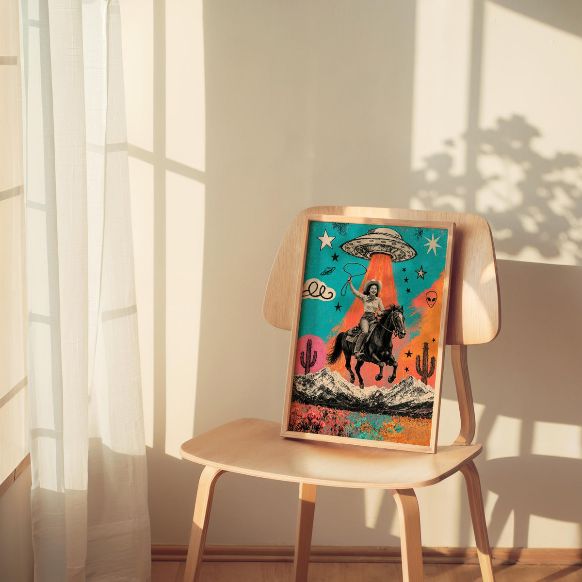 Cowgirl UFO Pop Art, Alien Abduction Poster, Western Horse Print, Retro Cowboy Wall Art, Colorful Americana Decor