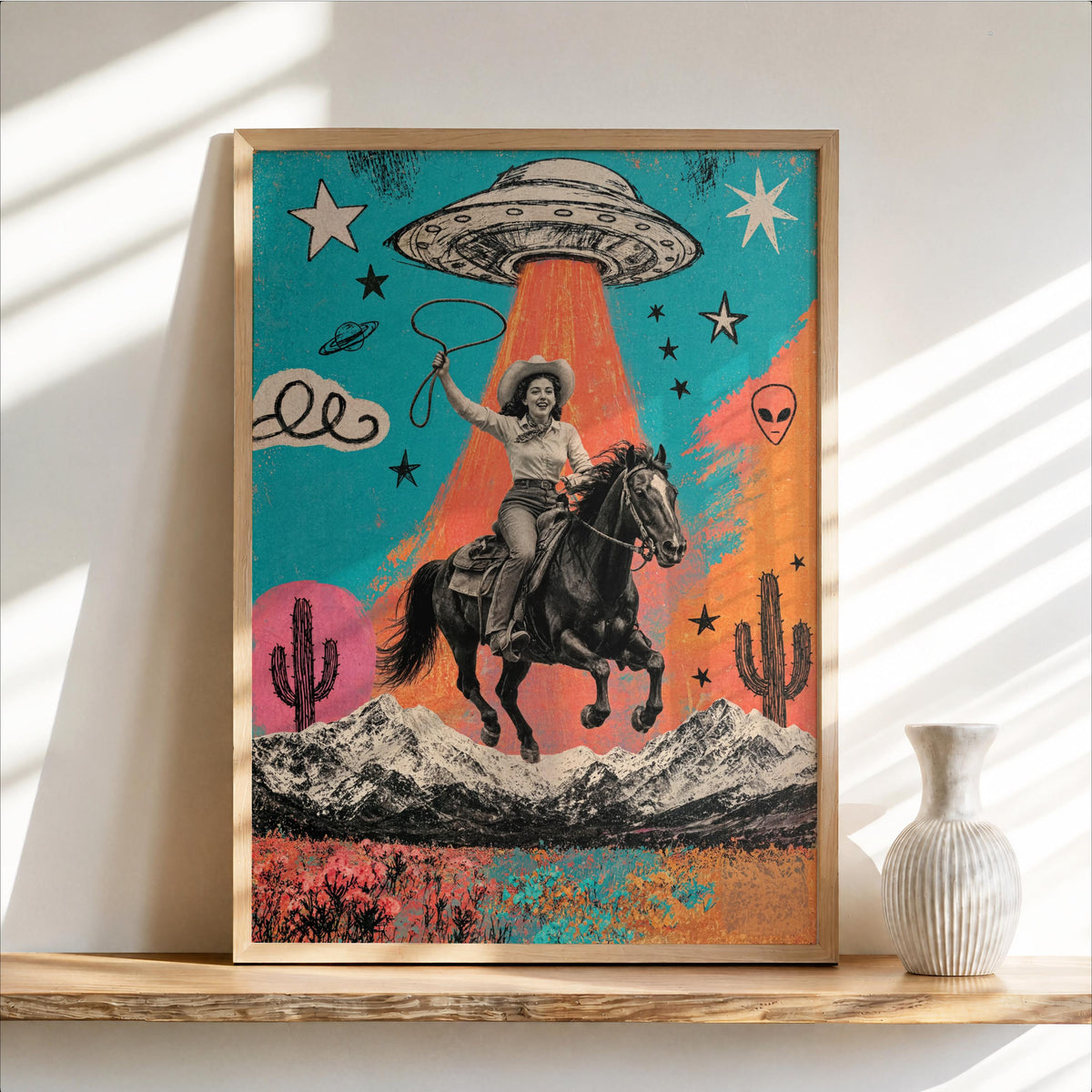 Cowgirl UFO Pop Art, Alien Abduction Poster, Western Horse Print, Retro Cowboy Wall Art, Colorful Americana Decor