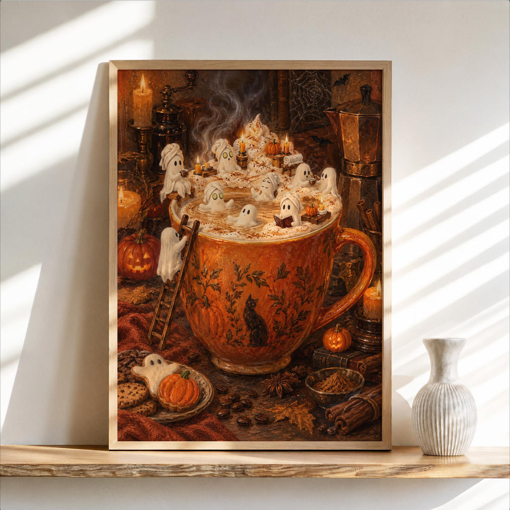 Ghost Halloween Pumpkin Spice Latte Print, Marshmallow Ghosts Wall Art, Cozy Fall Coffee Poster, Spooky Kitchen Decor, Autumn Gift