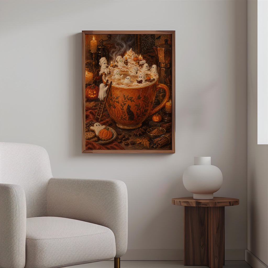 Ghost Halloween Pumpkin Spice Latte Print, Marshmallow Ghosts Wall Art, Cozy Fall Coffee Poster, Spooky Kitchen Decor, Autumn Gift