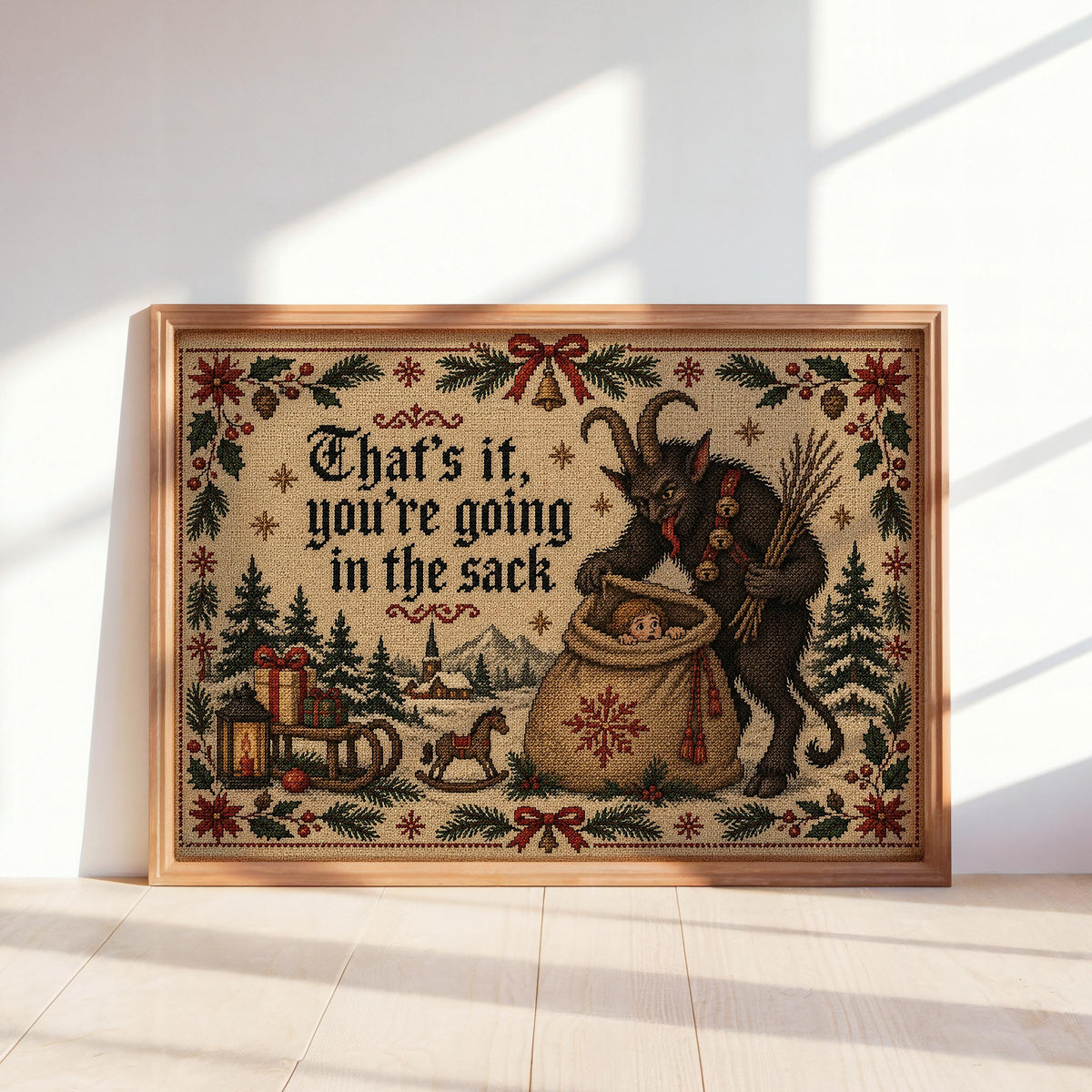 Krampus Christmas Cross Stitch Print, Funny Holiday Sack Scene, German Folklore Wall Art, Rustic Winter Decor, Gothic Xmas Gift