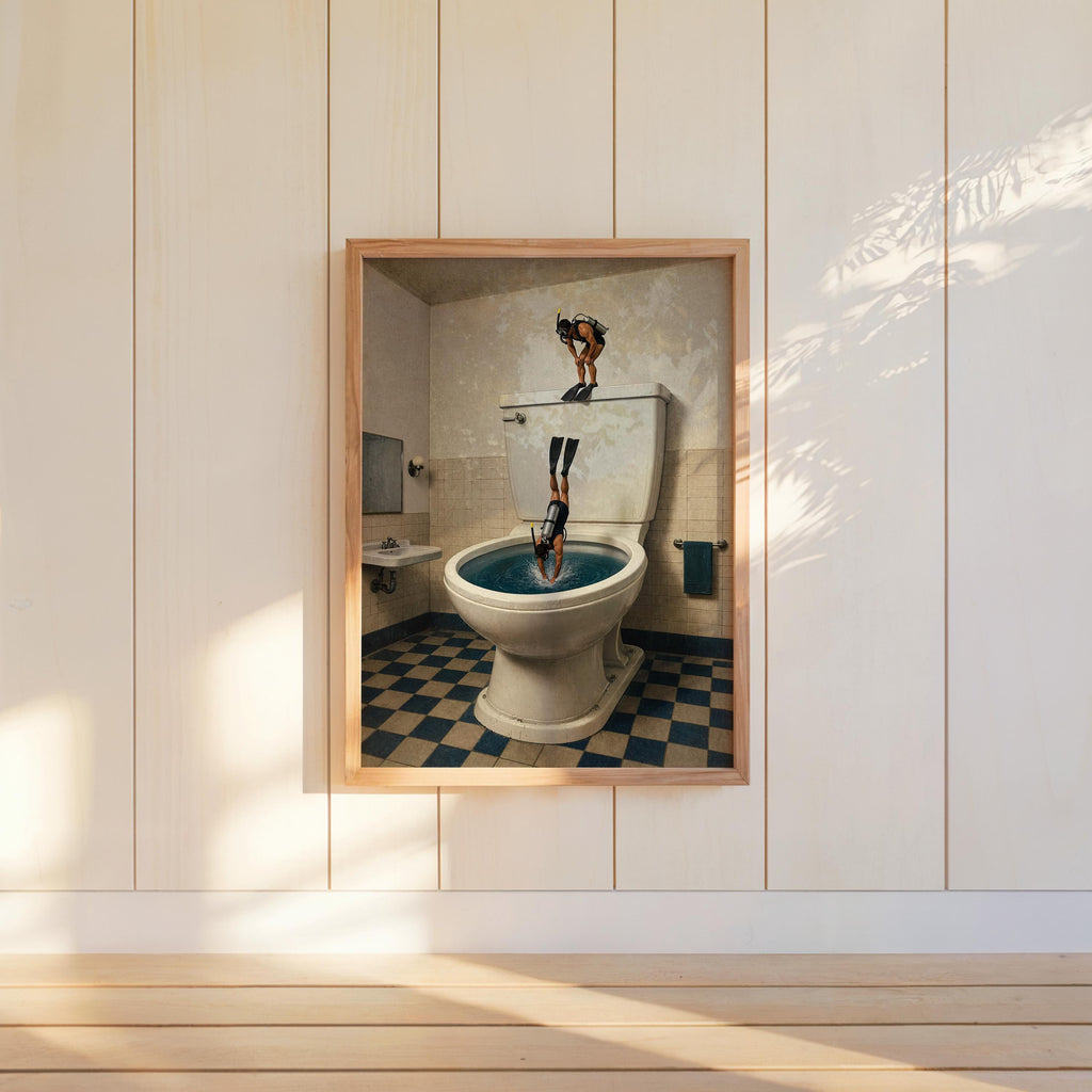 Scuba Divers Toilet Print, Funny Bathroom Wall Art, Tiny Underwater Swimmers Poster, Surreal Restroom Decor, Diver Gift