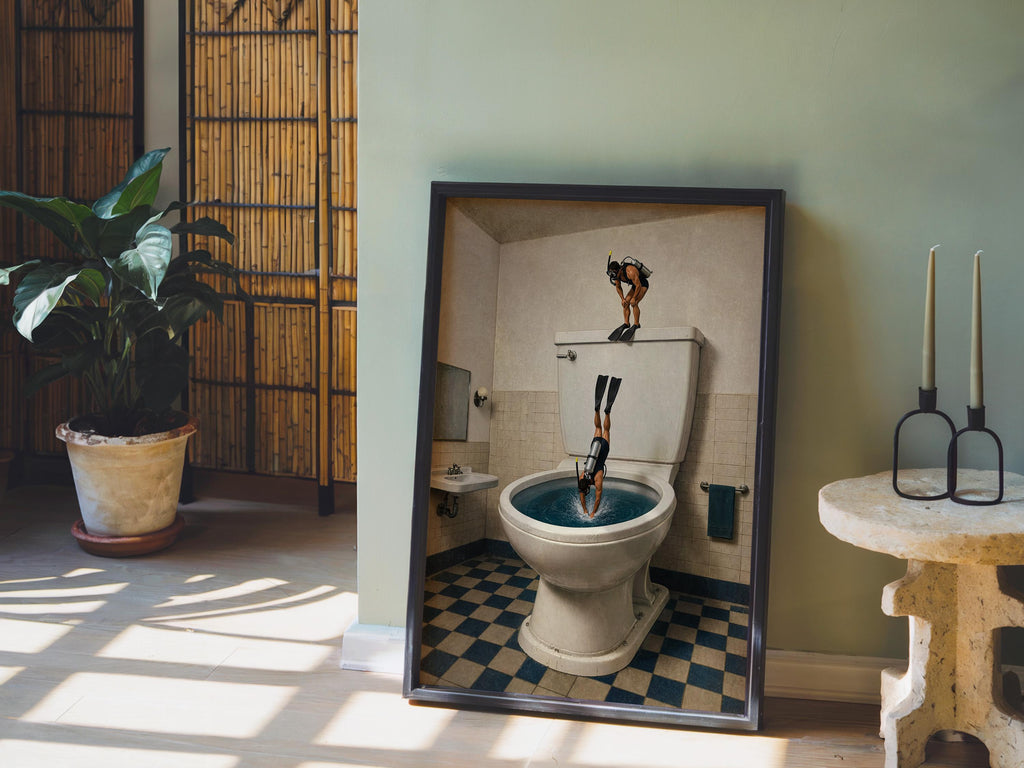Scuba Divers Toilet Print, Funny Bathroom Wall Art, Tiny Underwater Swimmers Poster, Surreal Restroom Decor, Diver Gift