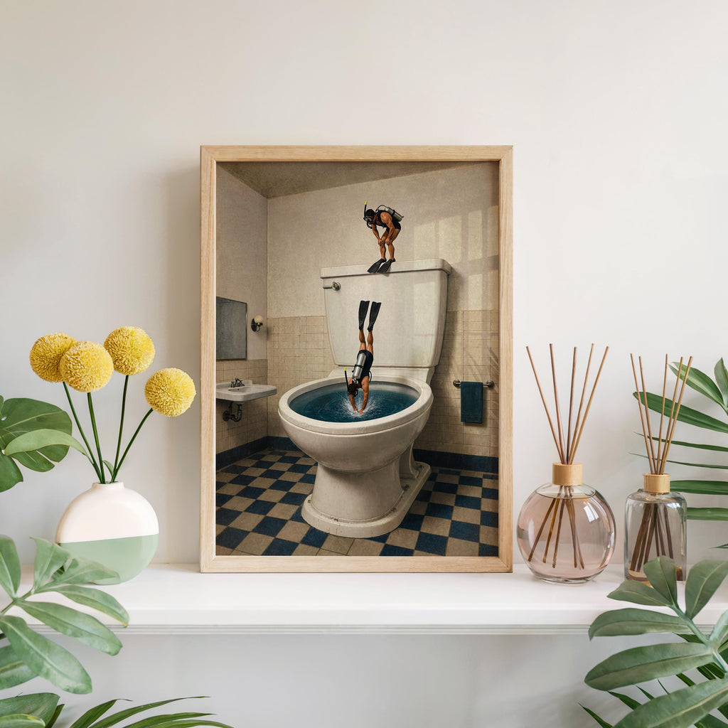 Scuba Divers Toilet Print, Funny Bathroom Wall Art, Tiny Underwater Swimmers Poster, Surreal Restroom Decor, Diver Gift