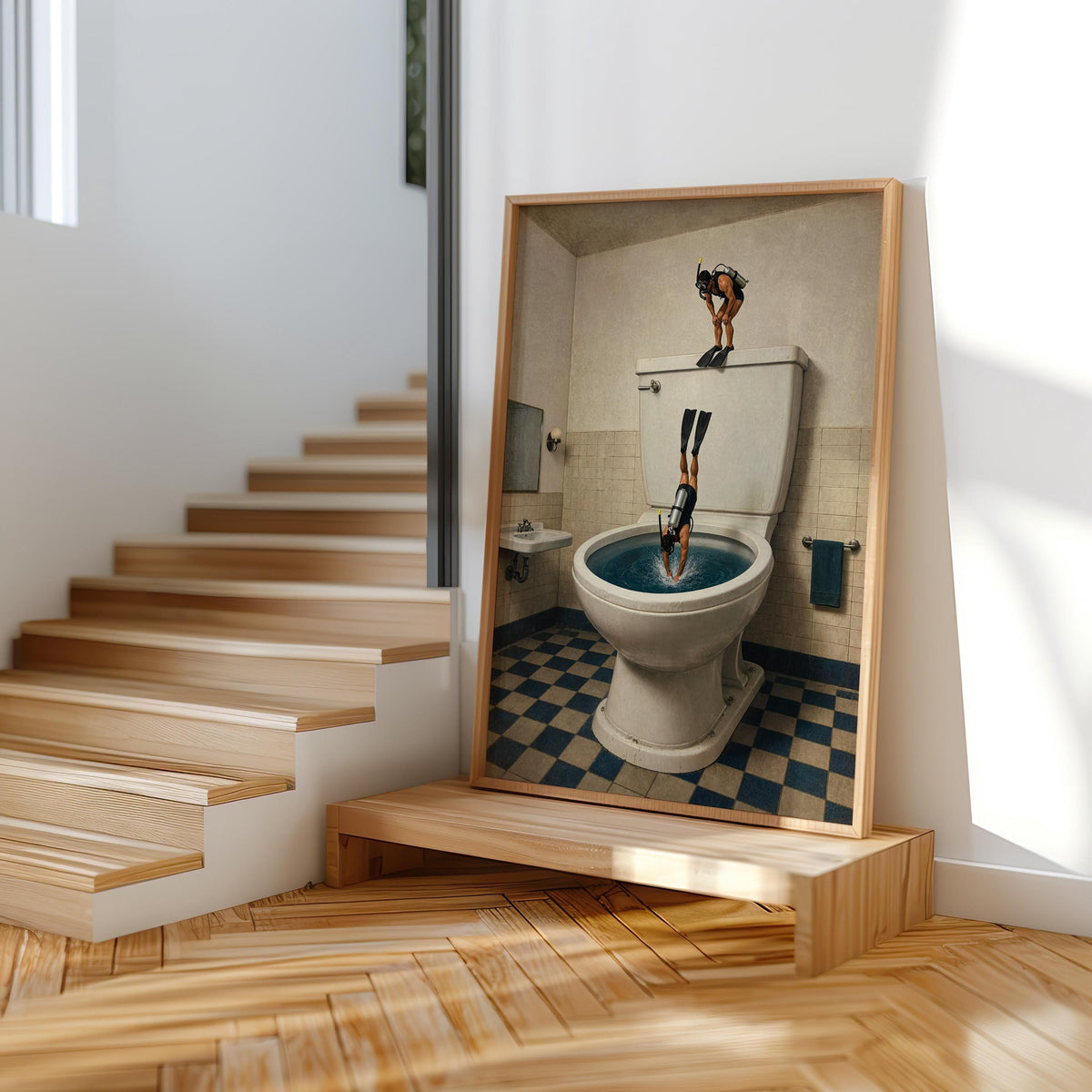 Scuba Divers Toilet Print, Funny Bathroom Wall Art, Tiny Underwater Swimmers Poster, Surreal Restroom Decor, Diver Gift