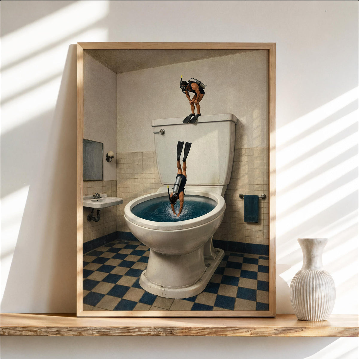 Scuba Divers Toilet Print, Funny Bathroom Wall Art, Tiny Underwater Swimmers Poster, Surreal Restroom Decor, Diver Gift