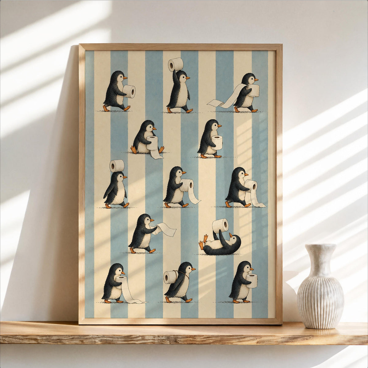 Funny Penguin Toilet Paper Print, Vintage Restroom Wall Art, Cute Penguin Bathroom Decor, Whimsical Animal Poster, Retro Bird Print