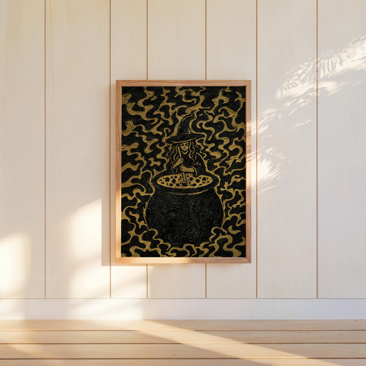 Impasto Witch Cauldron Print, Black Gold Halloween Wall Decor, Textured Witch Poster, Gothic Kitchen Art, Occult Spooky Season Decor
