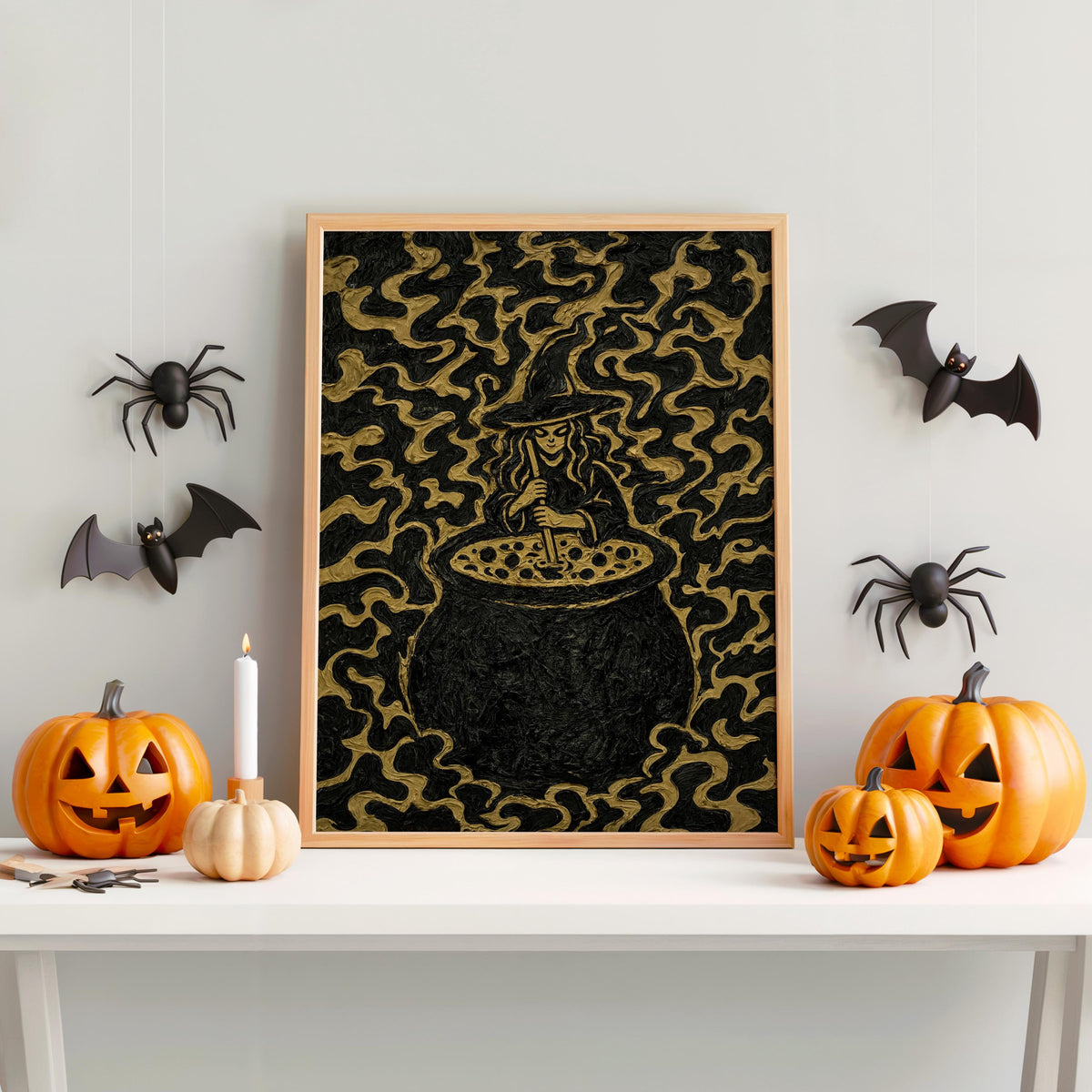 Impasto Witch Cauldron Print, Black Gold Halloween Wall Decor, Textured Witch Poster, Gothic Kitchen Art, Occult Spooky Season Decor
