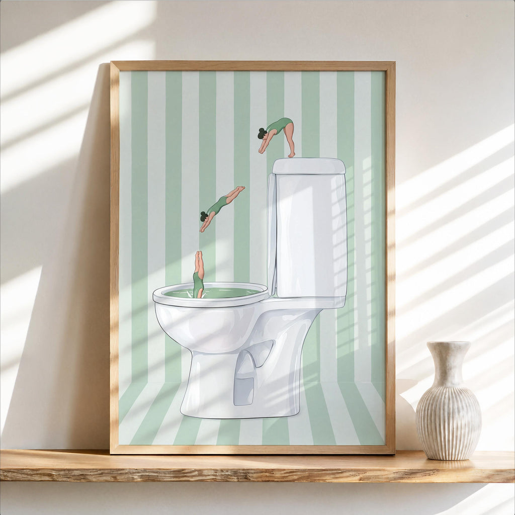 Diving Toilet Print, Funny Bathroom Wall Art, Tiny Swimmers Poster, Quirky Pool Decor, Preppy Pastel Gift for Divers