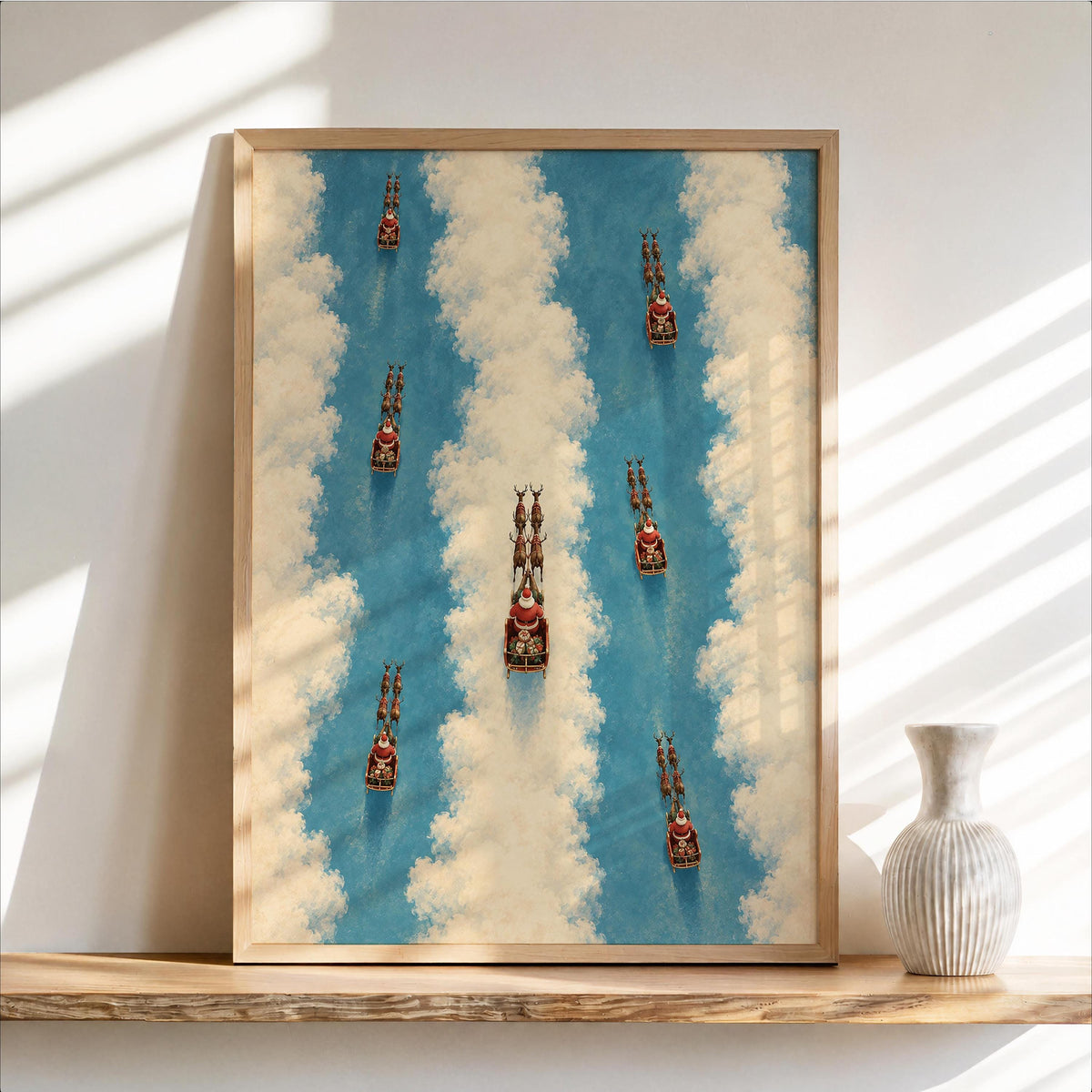 Christmas Reindeer Sky Poster, Santa Sleigh Wall Art, Vintage Holiday Decor, Cloudy Blue Print, Nostalgic Seasonal Home Accent