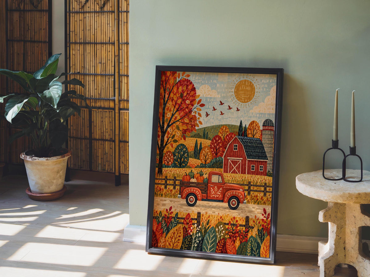 Fall Farm Truck Wall Print, Red Pickup Poster, Autumn Barn Decor, Rustic Country Landscape, Harvest Season Home Gift
