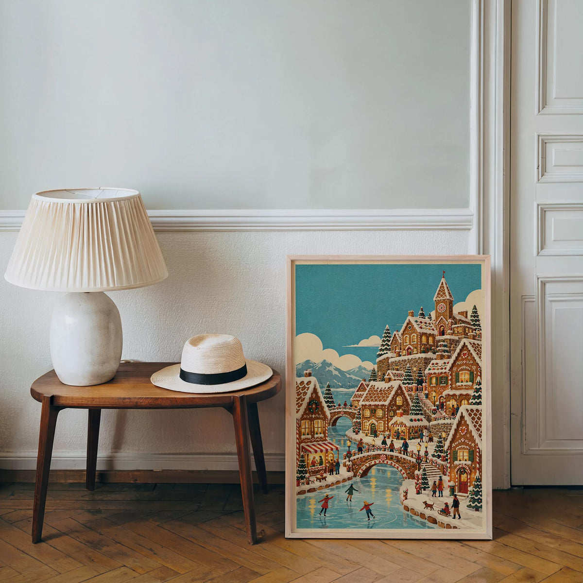 Gingerbread Christmas Village Print, Vintage Xmas Wall Art, Cozy Holiday Town Poster, Whimsical Winter Home Decor