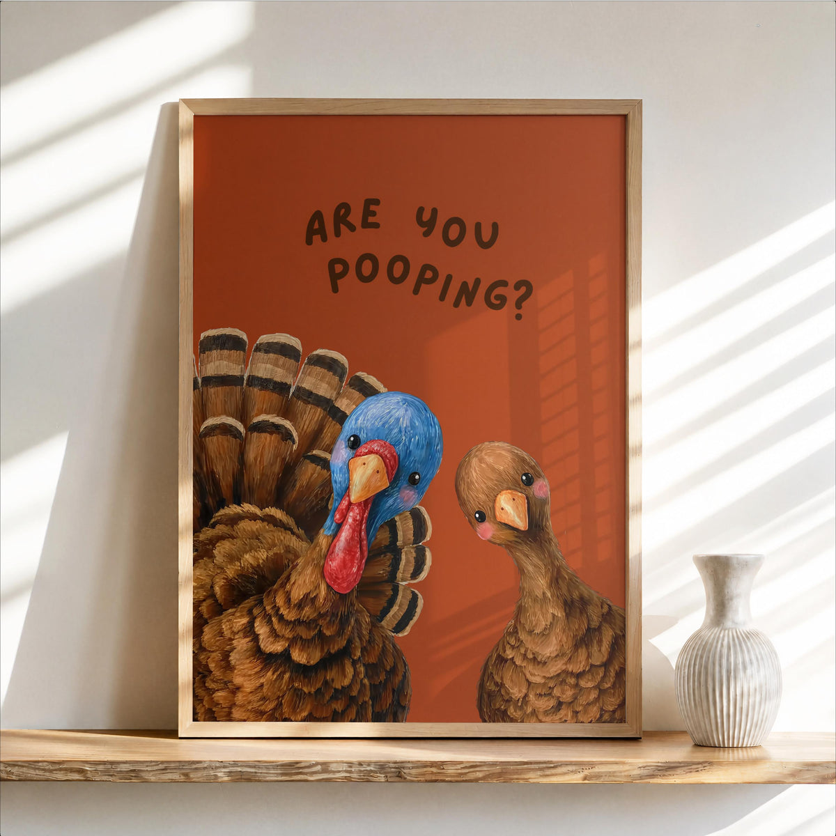 Framed funny turkey bathroom print in warm orange, vintage turkeys and cheeky question, Thanksgiving bathroom decor vibe