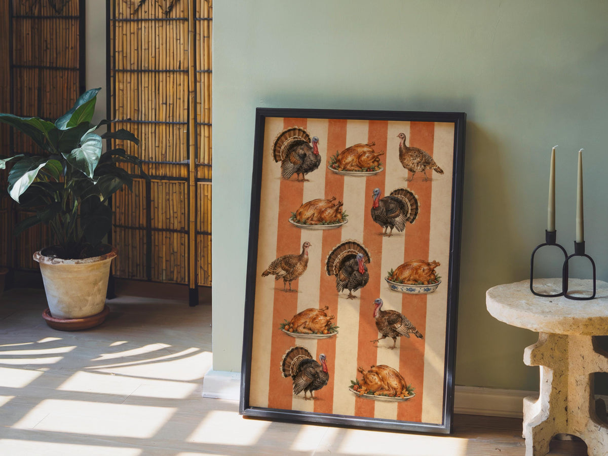 Vintage Thanksgiving Turkey Print, Funny Striped Pattern Wall Art, Retro Fall Decor, Roasted Food Poster, Holiday Farmhouse Kitchen Decor