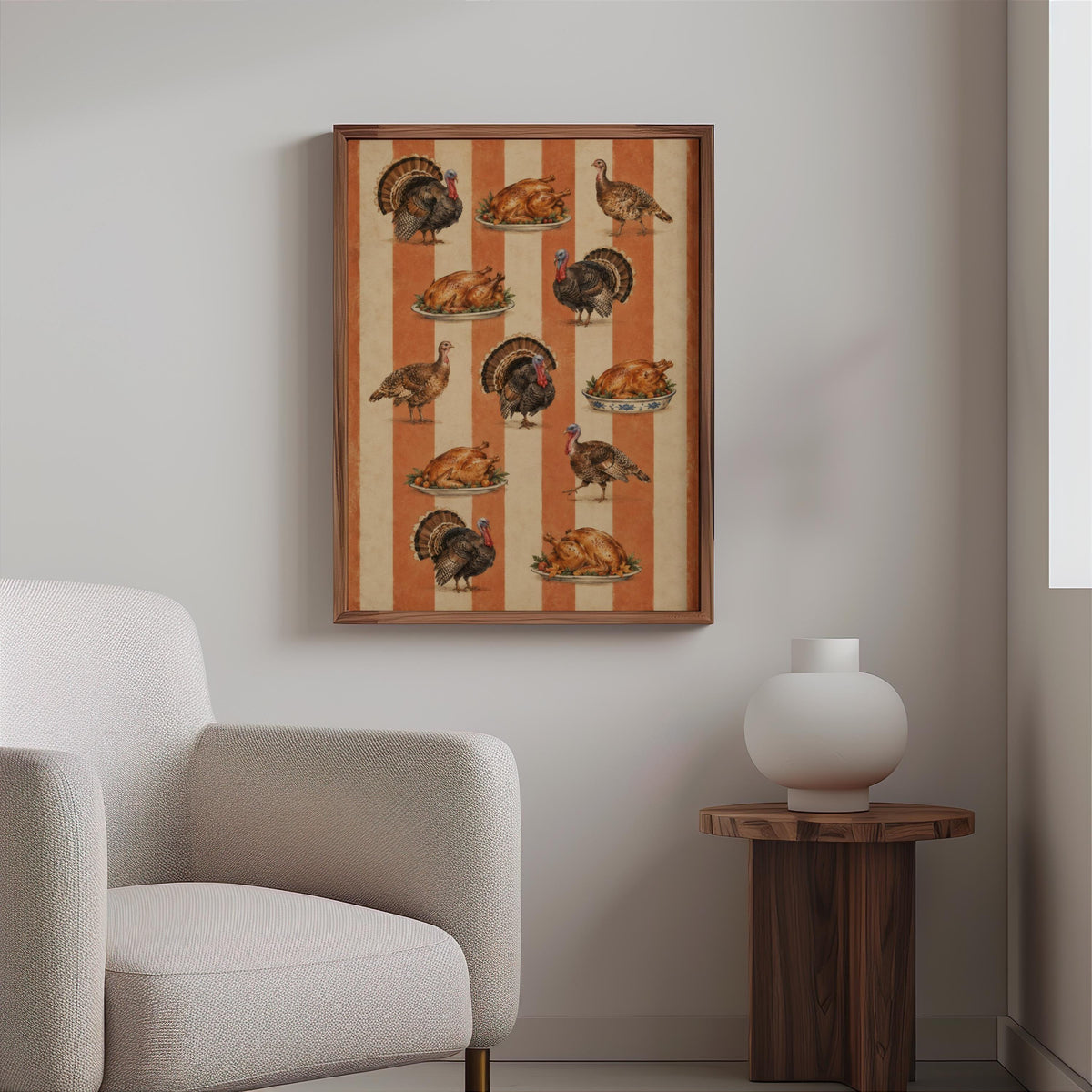 Vintage Thanksgiving Turkey Print, Funny Striped Pattern Wall Art, Retro Fall Decor, Roasted Food Poster, Holiday Farmhouse Kitchen Decor