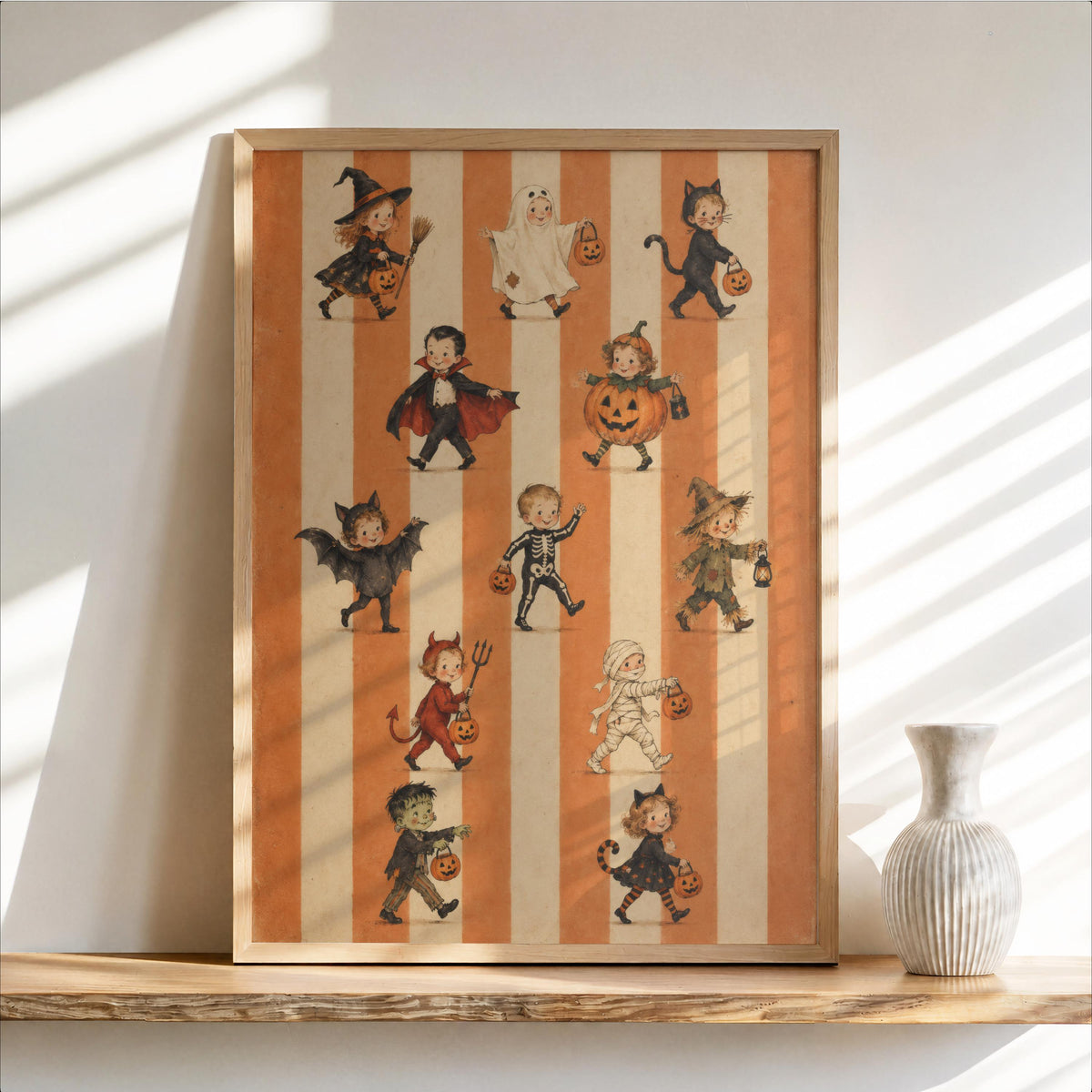 Halloween Parade Trick Or Treat Print, Cute Kids Costume Wall Art, Striped Spooky Halloween Fall Decor, Vintage Autumn Poster