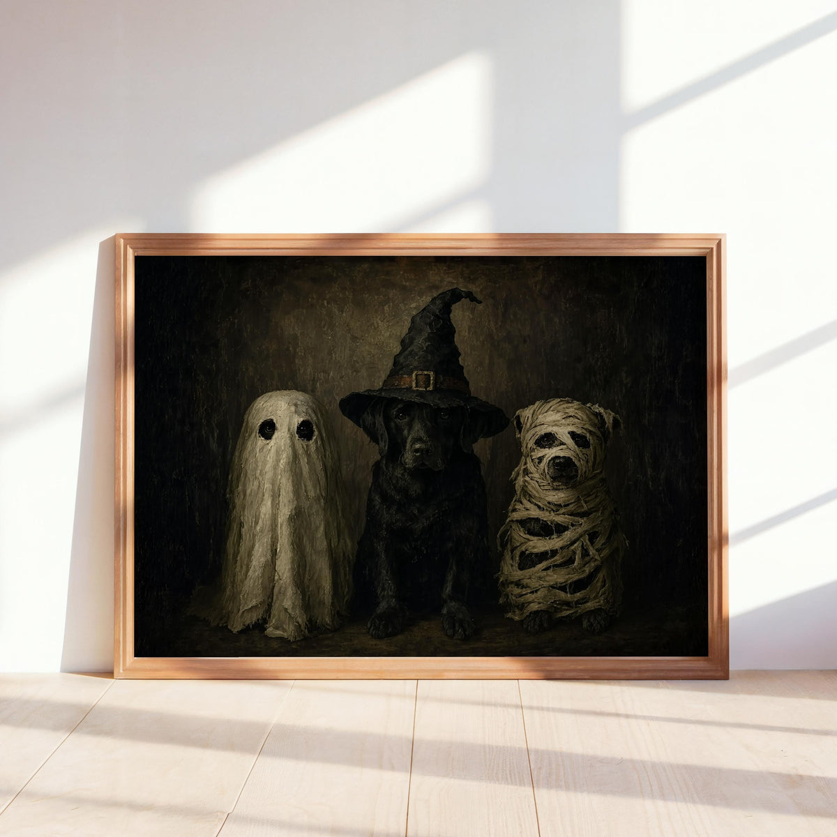 Halloween Dogs in Costumes Wall Art, Funny Dog Lover Spooky Painting, Whimsical Halloween Animals Decor, Moody Dark Fall Autumn Print