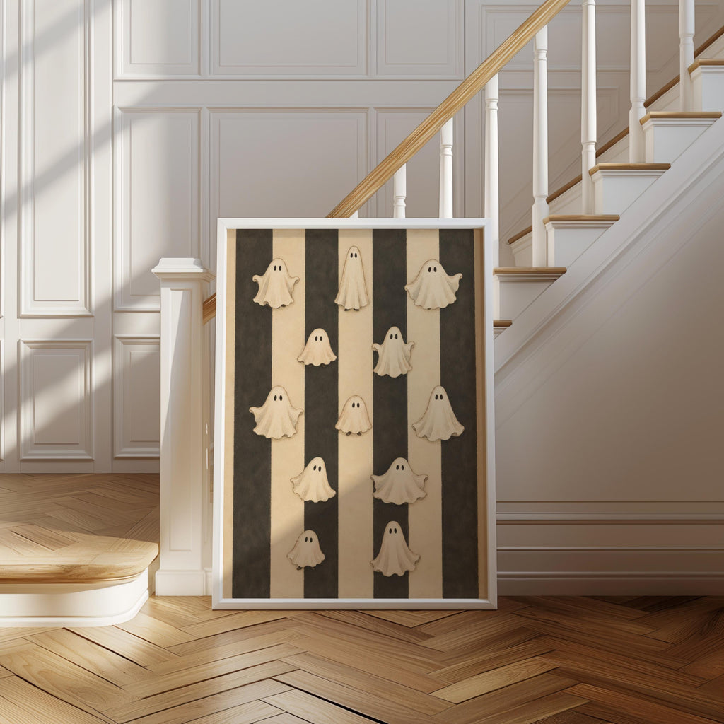 Vintage Halloween Ghosts Print, Cute Spooky Wall Art, Retro Striped Poster, Whimsical Ghost Illustration, Neutral Autumn Decor