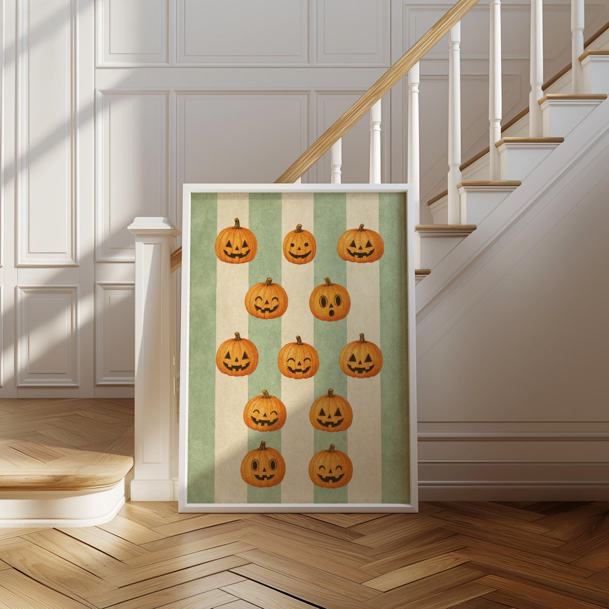 Halloween Pumpkin Poster, Retro Jack O Lanterns, Green Striped Wall Art, Whimsical Fall Print, Spooky Season Vintage Illustration