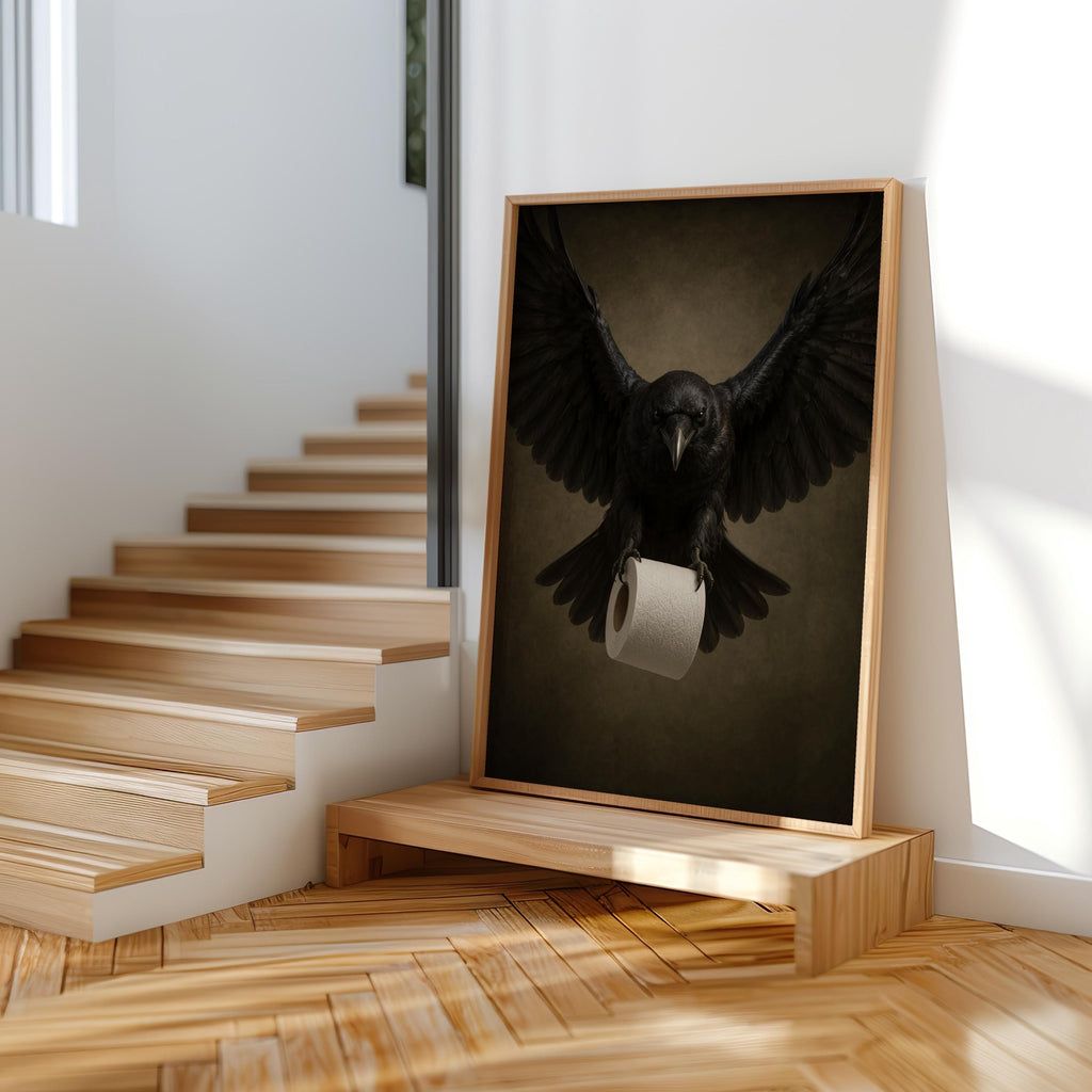 Raven toilet paper print leaning on a low wooden bench, high contrast shadows, spooky bathroom print vibe.