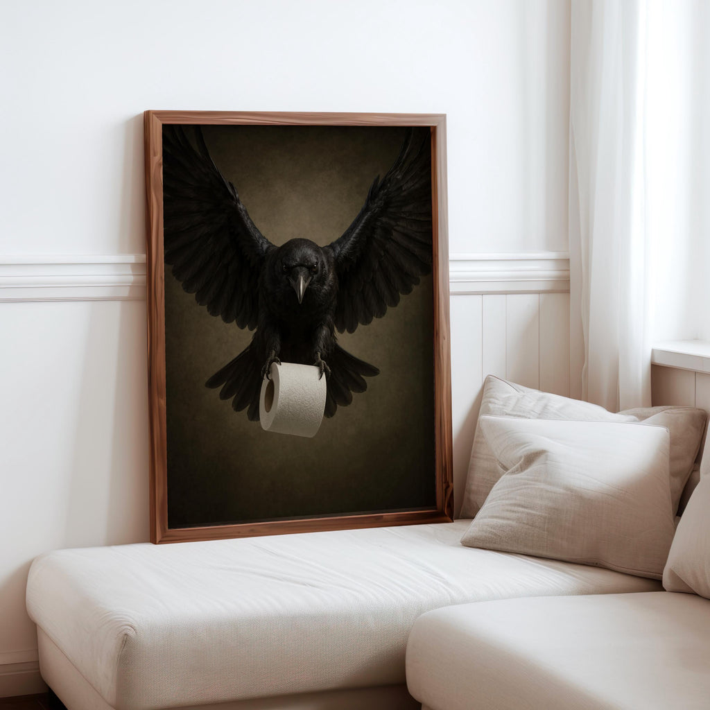 Casual living room display, raven bathroom wall art resting near cushions, gothic bathroom decor meets humor.
