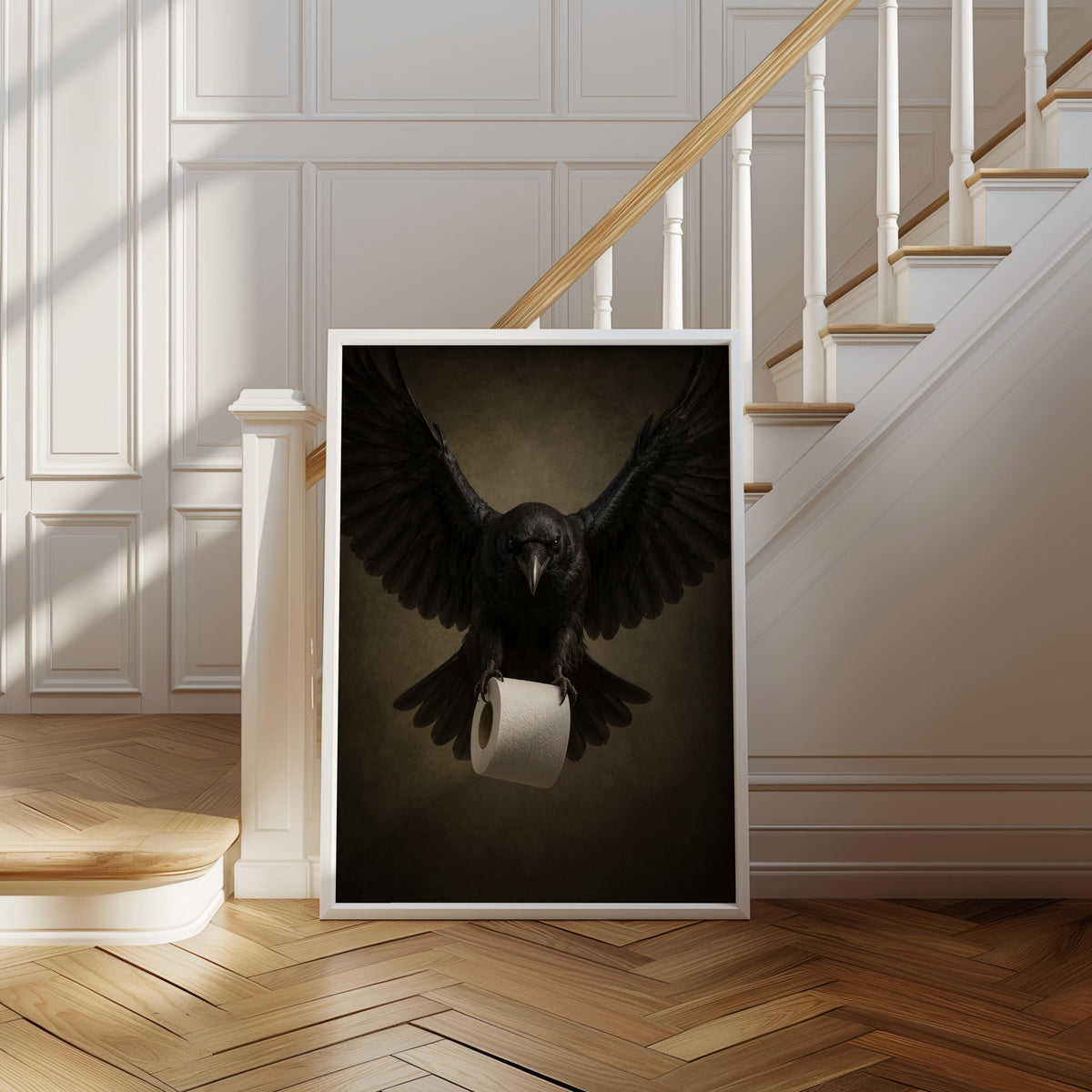 Large raven bathroom wall art propped at staircase base, dark academia bathroom decor mood, warm wood floors.