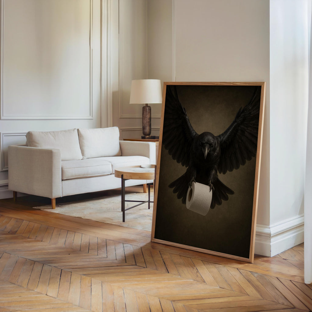Floor-standing frame in an airy room, black raven art print front and center, Halloween bathroom decor suggestion.