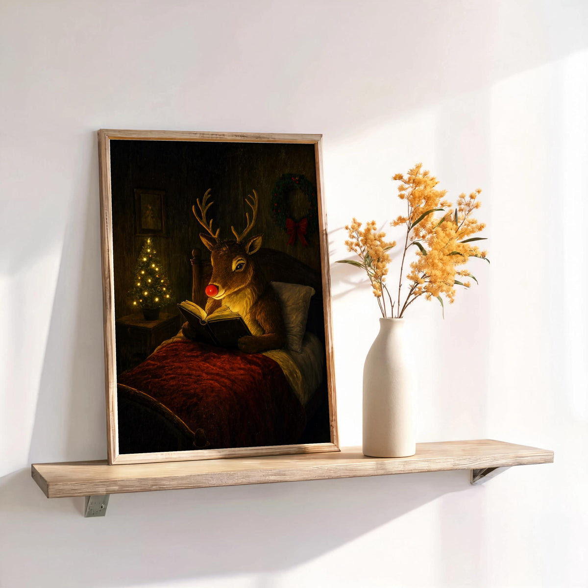 Rudolph Christmas wall art on a rustic shelf, candlelight beside a tiny tree, cozy red bedding visible
