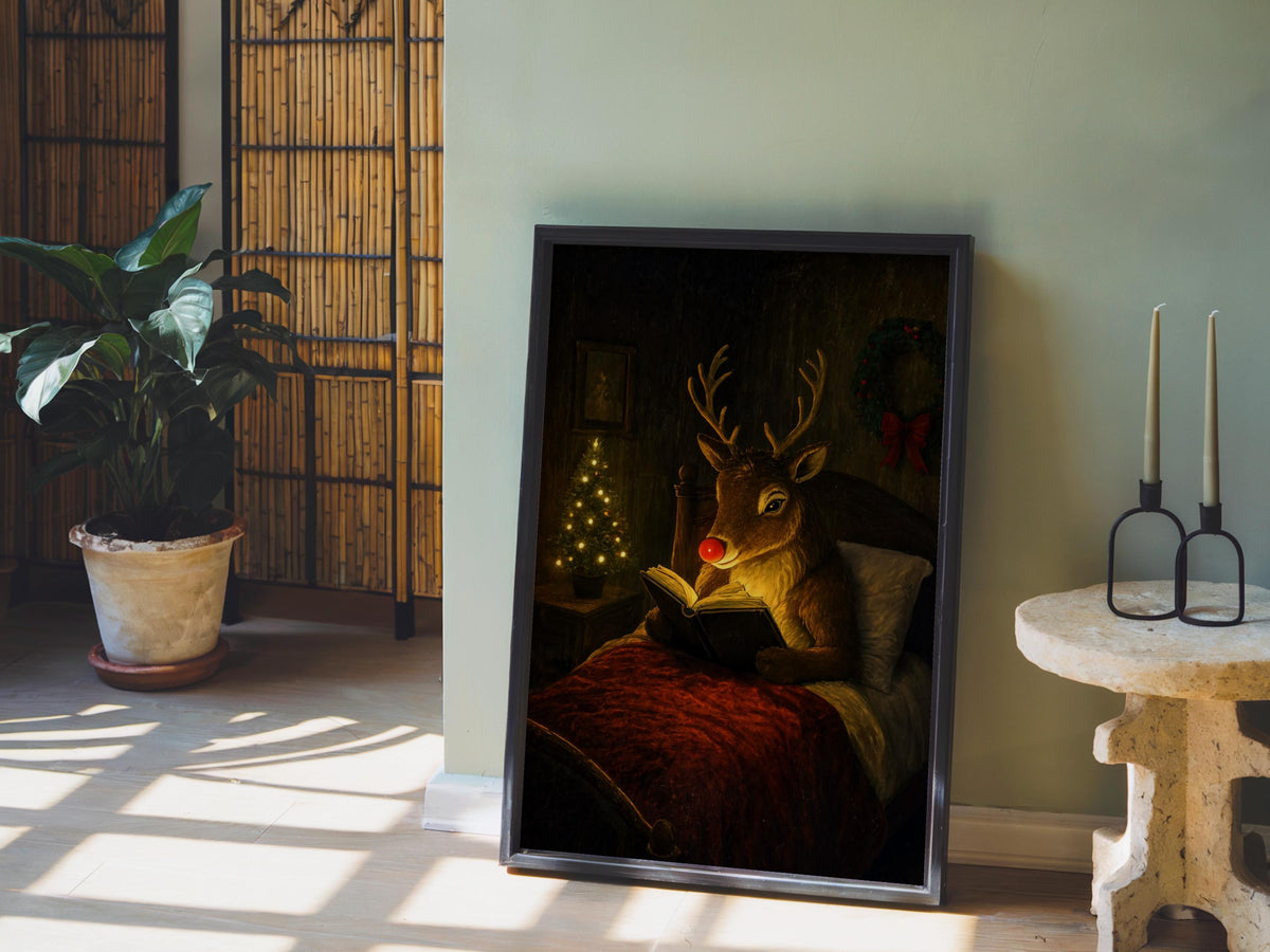 Rudolph Christmas print leaning on sunlit floor, rustic frame, glowing red nose lights the open book