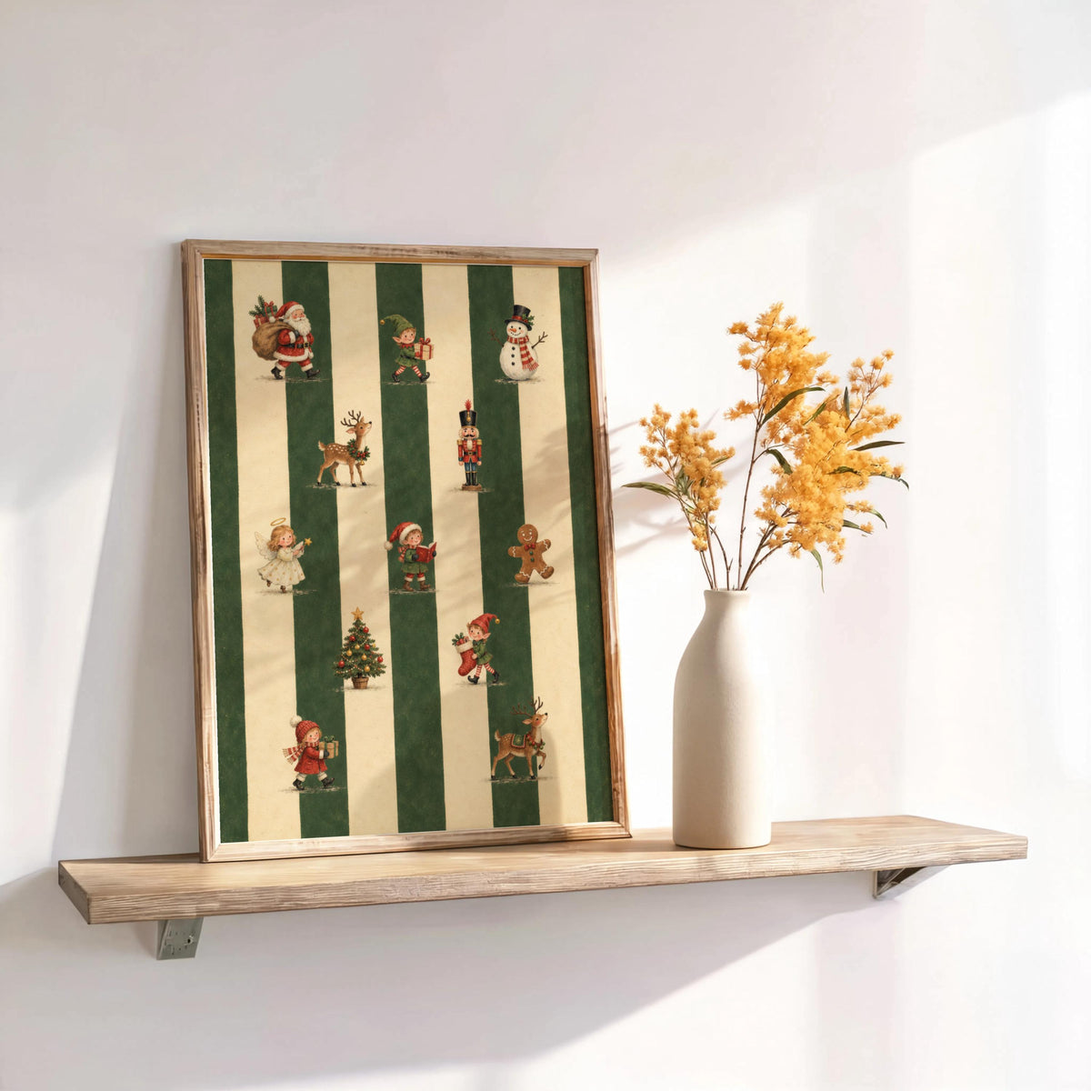 Christmas Green Stripe Print, Vintage Holiday Wall Art, Santa Elf Reindeer Decor, Nutcracker Poster, Festive Nursery Gift, Xmas Parade
