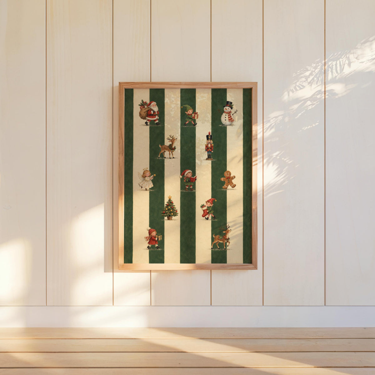 Christmas Green Stripe Print, Vintage Holiday Wall Art, Santa Elf Reindeer Decor, Nutcracker Poster, Festive Nursery Gift, Xmas Parade